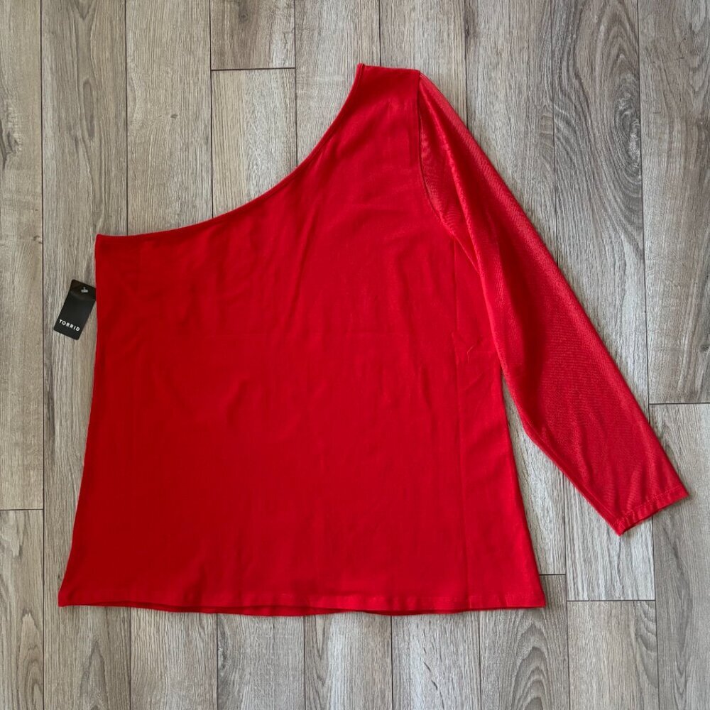 NWT Torrid Foxy One Shoulder Mesh Sleeve Red Top Womens Size 3X Bodycon Bold - Picture 8 of 11